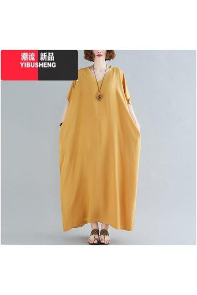 YIBUSHENG季大码女装波西米亚V领棉质棉绸垂感长裙子纯色袍子宽松连衣裙